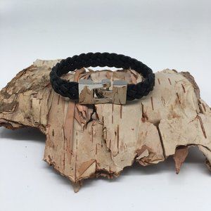 Men or Unisex Braided Black Leather Bracelet with Stainless Steel Clasp.